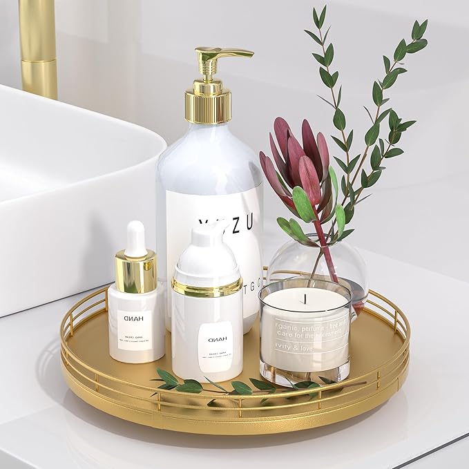 Oroyutor 10-Inch Oak Lazy Susan Vanity Tray with Gold Metal Rail | Rotating oak tray organizes spices, toiletries and decor on kitchen counters, bathroom vanities, dining and coffee tables.
