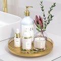 Oroyutor 10-Inch Oak Lazy Susan Vanity Tray with Gold Metal Rail | Rotating oak tray organizes spices, toiletries and decor on kitchen counters, bathroom vanities, dining and coffee tables.
