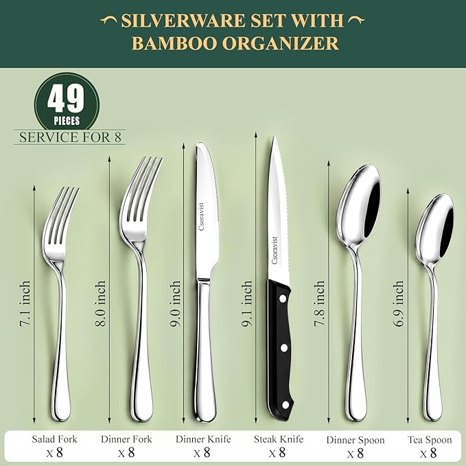 49-Piece Silverware Set with Bamboo Organizer,Flatware Utensil Set for 8 | Heavy-Duty Stainless Steel, Cutlery Set with Steak Knives, Rust-Proof, Dishwasher Safe