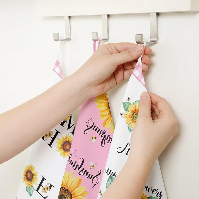 4 Pcs Sunflower Kitchen Towels Pink White Hand Dish Towels Gifts | Absorbent Sunshine Grid Fast Drying Decor Housewarming Gift for Cooking Bathroom Kitchen Decor