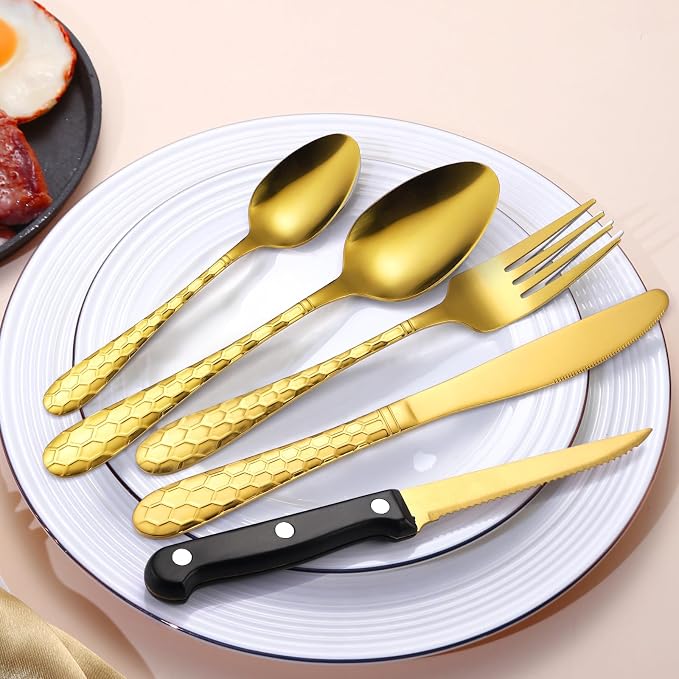 30 Pcs Gold Hammered Silverware Set Service for 6,with Steak Knives Stainless Steel Flatware Set,Mirror Cutlery Utensil,Durable Kitchen Tableware,Ripple Teardrop Fork Knife Spoon,Dishwasher Safe
