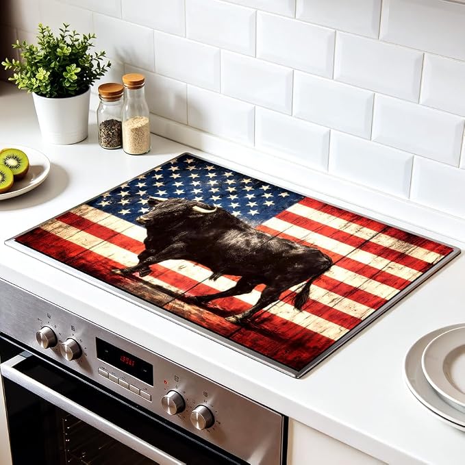 American Flag Black Bull Western Stove Top Cover 28.35x20.47in | American flag black bull western stove top cover 28.35x20.47 in; ranch farmhouse cooktop mat dishwasher safe machine washable