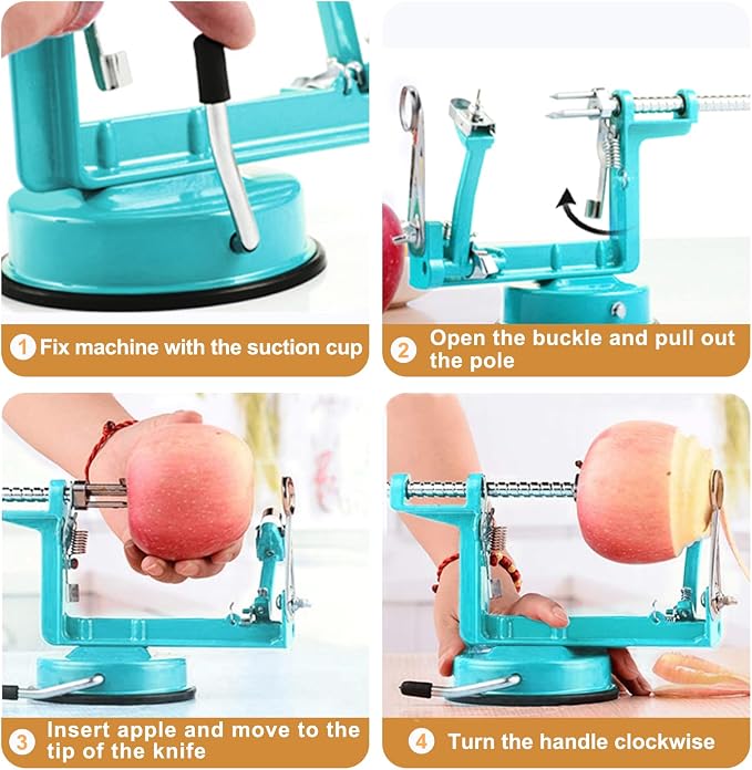 Apple Peeler Corer, 5 In 1 Apple Peeler Slicer Corer with Stainless Steel Blades and Powerful Suction Base for Apples and Potatoes(Teal)