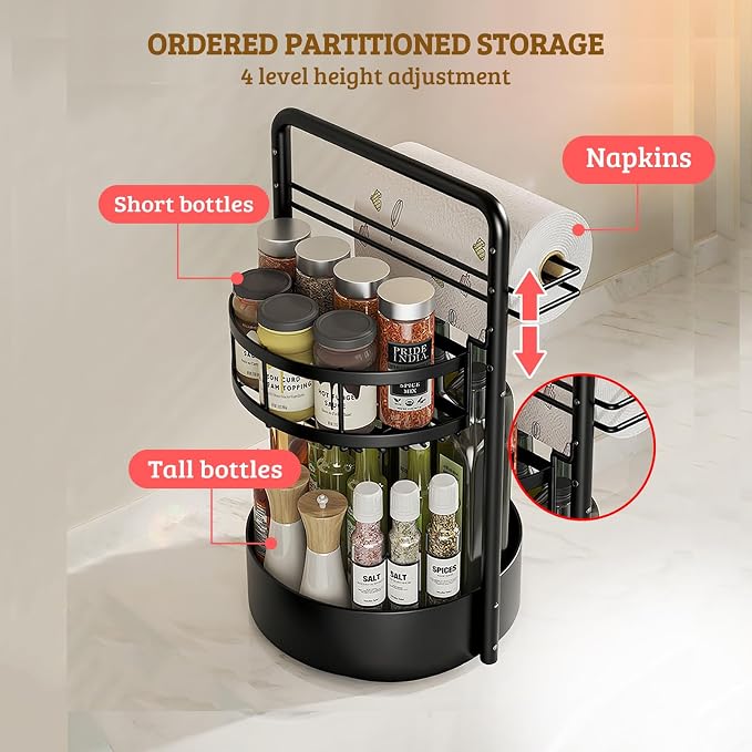 Rotating Spice Rack with Paper Towel Holder, Black | 2 Tier Turntable Lazy Susan, Durable Iron, Seasoning Organizer, For Kitchen Countertop