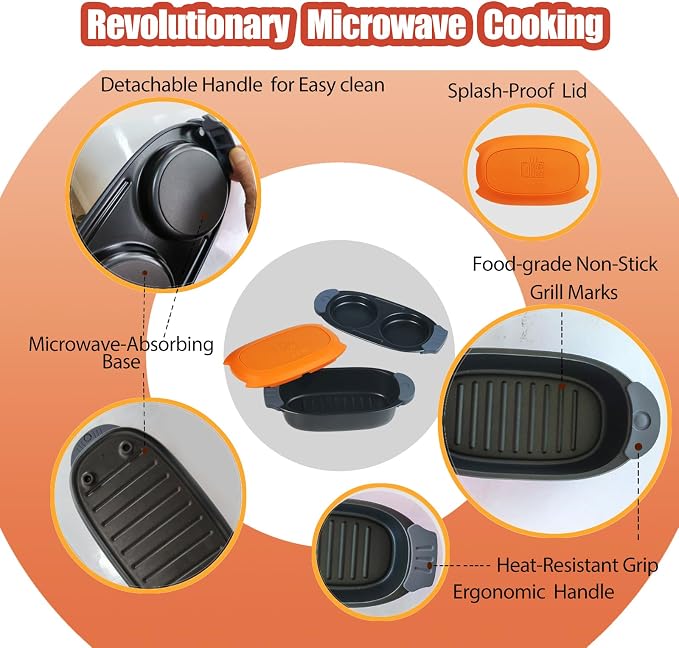 MKYSAIL Quick-Heat Microwave Egg Cooker and 33 OZ Microwave Grill Combo | 2-Piece Breakfast Maker Set for Grilling,Crisping,Bacon,Pancakes & Veggies,Dishwasher Safe,Non-Stick for RV,Dorm,Gift(Orange)