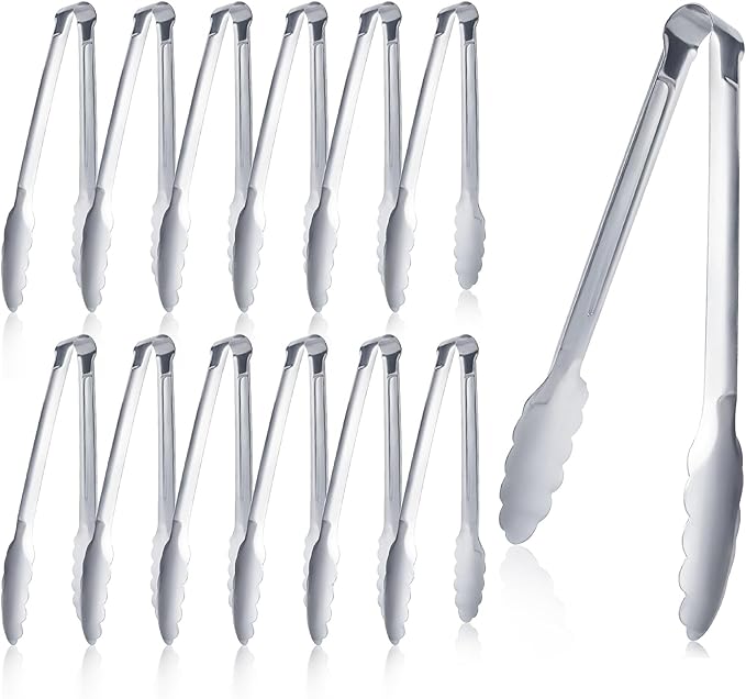 12 Pack Buffet Tongs Serving Tongs Stainless steel Kitchen Tongs 9inch | stainless steel Utility Tongs with scalloped grip for buffets, catering, weddings, salad bars and everyday food service