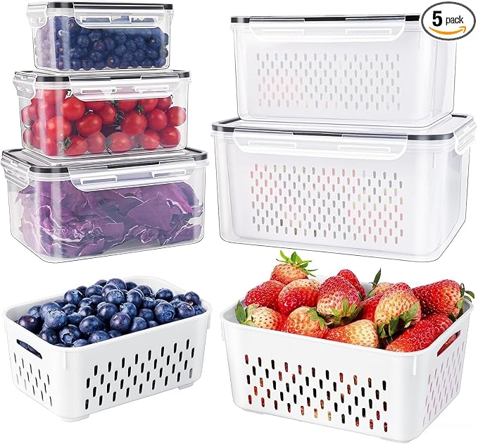 5 PCS Large Fruit storage Containers for Fridge ,Food Storage Containers | with Removable Colander Leakproof Dishwasher & Microwave safe Produce Containers Keep Fruits Vegetables Berry Fresh longer
