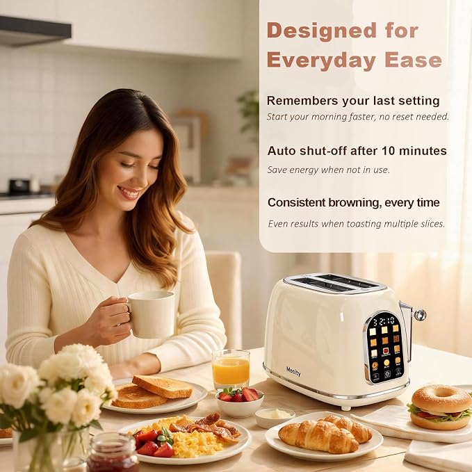 Mecity Toaster 2 Slice, Touch Screen Wide Slot Retro Toaster For Breads Bagel Muffin Waffle, House Warming Gift New Home, 120V 825W, Cream Color