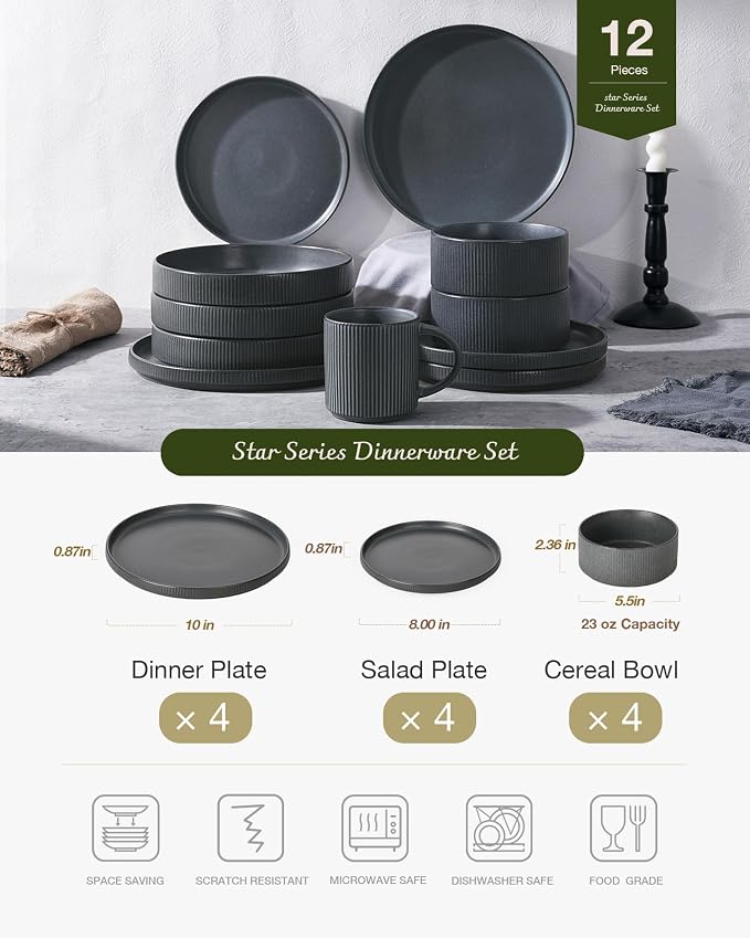 Famiware Star Stoneware Dinnerware Set, Reactive Glaze Plates & Bowls for 4 | 12-Piece Handmade Ribbed Dishes, Chip & Scratch Resistant. Microwave & Dishwasher Safe, Rustic Modern, Matte Dark Charcoal