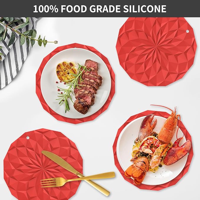 ME.FAN Silicone Trivet Mats - 4 Pack Pot Holders - 7.4'' Thickened Hot Pads for Hot pots, Pans and Dishes, Heat Resistant Silicone Trivet for Table and Counter Top Red