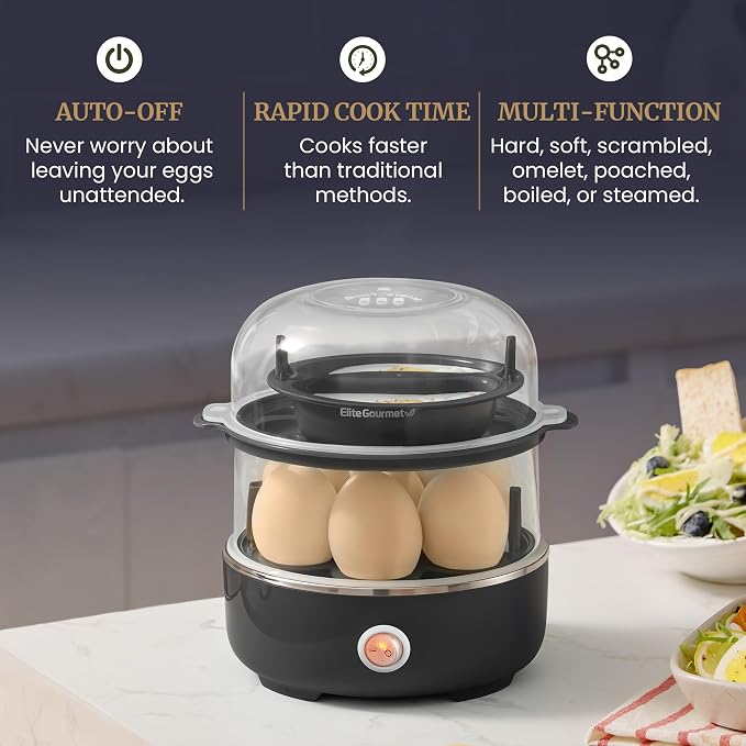 Elite Gourmet EGC1215B Easy Egg Cooker, Two-Tiered, 14-Egg, Black | Steel heating plate cooks soft, medium, hard-boiled eggs, omelets, poached eggs - auto shut-off - measuring cup, piercing pin