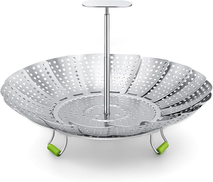 Pavsrmy Steamer Basket, 3rd Generation Stainless Steel Vegetable Steamer with Extendable Handle for Cooking Food, Folding & Expandable Veggie Steam Insert, Fit Various Size Instant Pot (5.5" to 9")