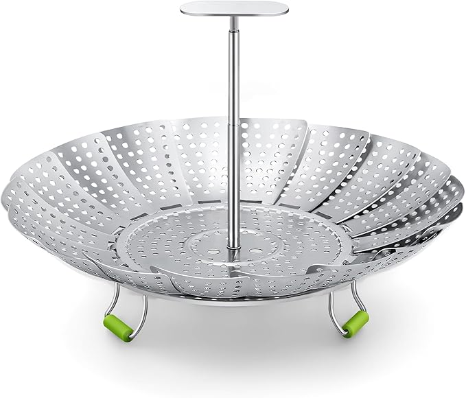 Pavsrmy Steamer Basket, 3rd Generation Stainless Steel Vegetable Steamer with Extendable Handle for Cooking Food, Folding & Expandable Veggie Steam Insert, Fit Various Size Instant Pot (5.5" to 9")