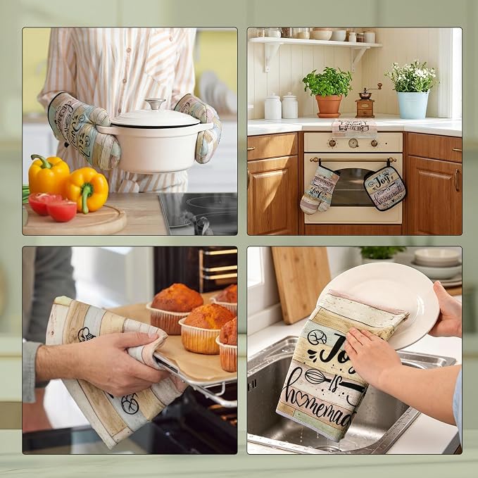6 Pcs Kitchen Decor Accessories Set with Oven Mitts Pot Holders | Farmhouse Absorbent Dish Towels, Kitchen Sets for Home Decorations for Cooking Baking Grilling