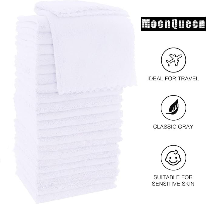 MOONQUEEN Ultra Soft Premium Washcloths Set - 12 x 12 inches - 24 Pack - Quick Drying - Highly Absorbent Coral Velvet Bathroom Wash Clothes - Use as Bath, Spa, Facial, Fingertip Towel (White)