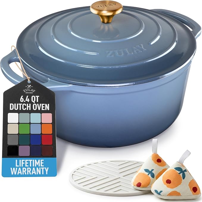 Zulay Kitchen 6.4QT Enameled Cast Iron Dutch Oven Pot with Lid, Heavy-Duty Soup Pot for Stews, Braising, Roasting & Sourdough Bread Baking, Oven Safe up to 500°F - Aquamarine