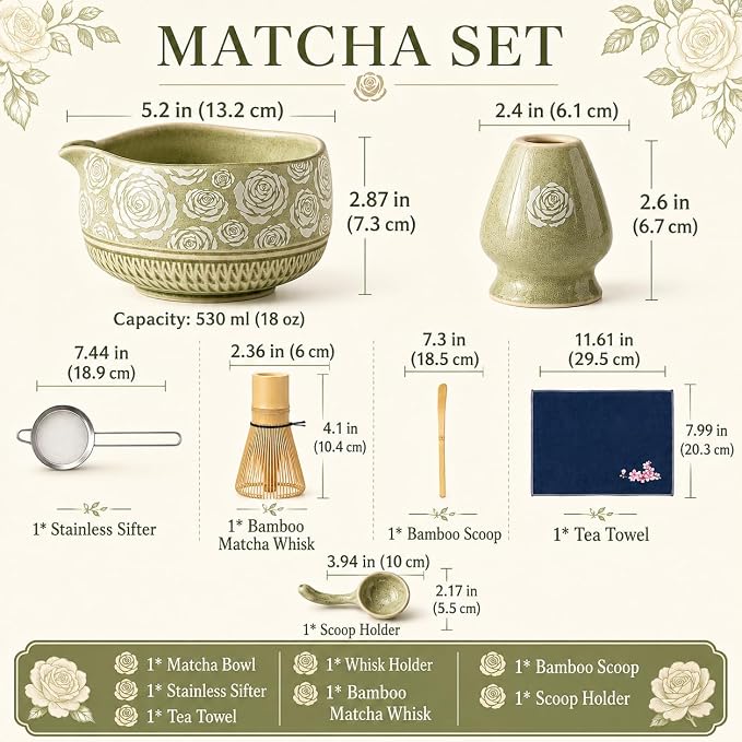 Matcha Whisk Set, 7-Pc Ceramic Matcha Bowl Kit, Bamboo Whisk,（Rose Green） | Buucup Matcha Making Set,Includes Matcha Bowl, Matcha Whisk and Holder, Bamboo Scoop, Scoop Rest, Sifter and Tea Towel
