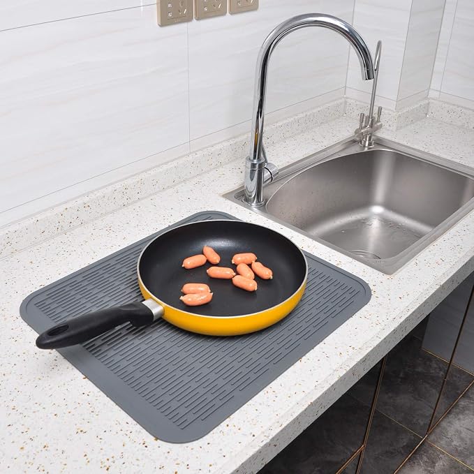 Extra Large Silicone Trivet - Heat Resistant Dish Drying Mat dish mat Gray | 18 x 16 in, silicone drying mat for kitchen counter, dish drainers, hot pads and trivets, sink dish mat drying kitchen mat