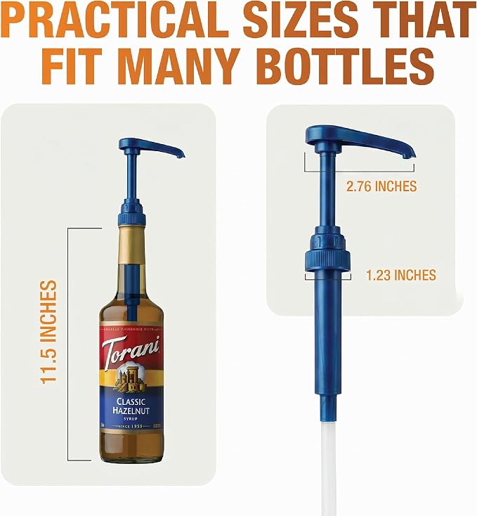 Premium Syrup Pump Compatible with Torani 750 ml Bottle, Davinci Syrups - No Spill, No Clog Syrup Pump Dispenser for Vanilla, Snow Cone, Blueberry, Coffee Flavoring & More (Pack of 6, Blue)