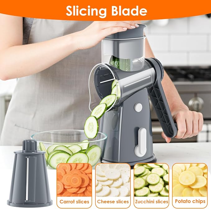 MealHelper 5 Blade Rotary Cheese Grater Hand Crank with Storage Box, Vegetable Chopper, Cheese Shredder for Cheeses, Veggies, Nuts - Easy to Use, Non-slip Suction Base, Gray