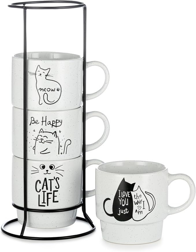 Signature Housewares Stackable Coffee Mug Tower Set with Metal Wire Rack - 15 Ounce Coffee Mugs for Coffee, Tea, Cocoa, Milk, Cappuccino, Hot Chocolate Set of 4 - Cat's Life