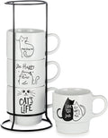 Signature Housewares Stackable Coffee Mug Tower Set with Metal Wire Rack - 15 Ounce Coffee Mugs for Coffee, Tea, Cocoa, Milk, Cappuccino, Hot Chocolate Set of 4 - Cat's Life
