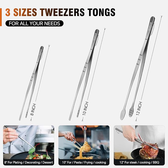 kitchen tweezers for cooking tweezers stainless steel tongs 12"10"8" | Heat Resistant 600 Degrees Heavy Duty Metal Tweezers Tongs Ideal for Meat, pasta, plating Dishwasher Safe