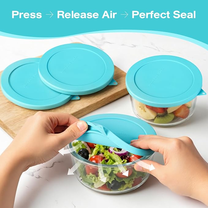 Silicone Lids Replacement for Snapware 7201R 4 Cup Round Glass Storage Containers (Containers Not Included) (Blue - 4 Pack)