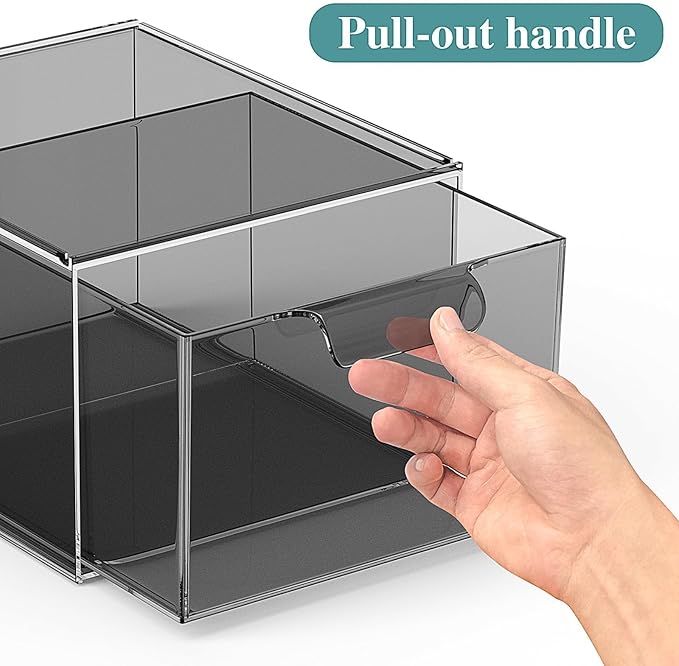 3 Pack Stackable Acrylic Makeup Organizer, Smoke Black Storage Drawers | Clear Plastic Drawer Organizers with Handles for Vanity, Bathroom, Bedroom, Cosmetics, Jewelry and Home Storage