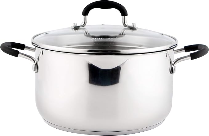 AVACRAFT 6 Quart Stainless Steel Stock Pot with Glass Strainer Lid | 5-Layer Capsule Base, Tempered Glass Strainer Lid, Drip-Free Pour Spouts, Induction Compatible, Dishwasher Safe