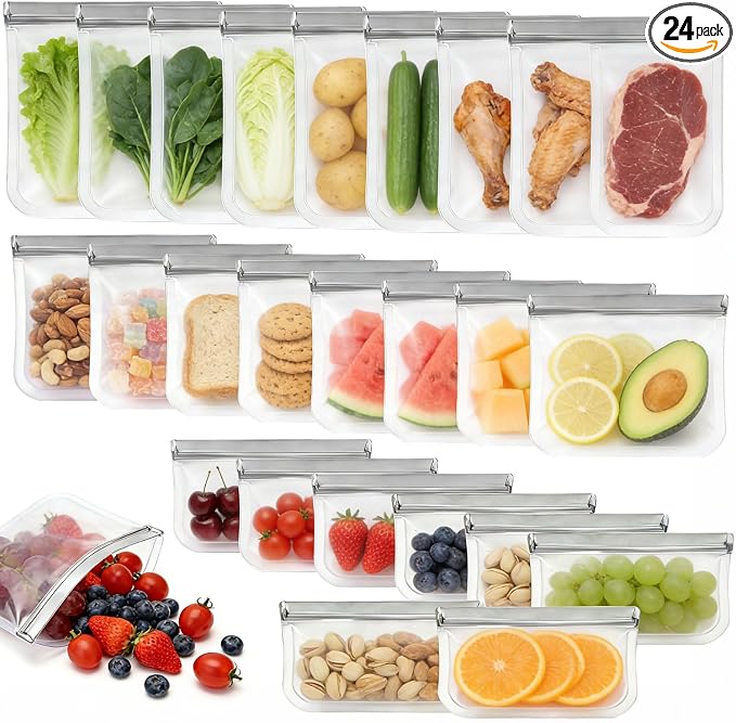 24 Pack Silicone Bags for Food Storage,Reusable Silicone Food Storage Bags,Freezer& Dishwasher Safe,Reusable Freezer Food Bags,Silicone Baggies, Leakproof-8 Gallon 8 Snack 8 Sandwich Bags,Grey