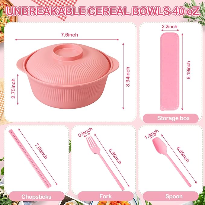 LemonRoad College Dorm Dishes Essential Kit 2 Sets Plastic Plates and Bowls 1 Set 40oz Microwave Cooker Ramen Bowl with Chopstick Spoon Fork Picnic Dinnerware Camping Set for College Dorm Room(Pink)