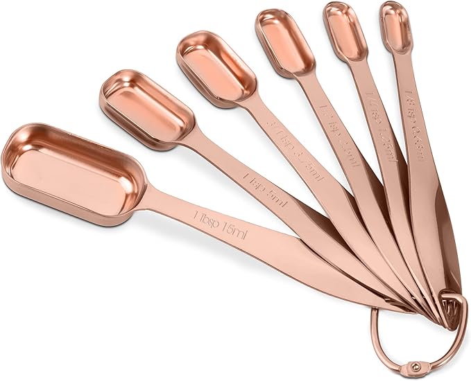 6-Piece 18/8 Stainless Steel Measuring Spoons Set, Rose Gold | Six Engraved US and Metric Sizes From 1/8 TSP to 1 Tbsp Fit Narrow Spice Jars and Stay Together On an O-shaped Ring