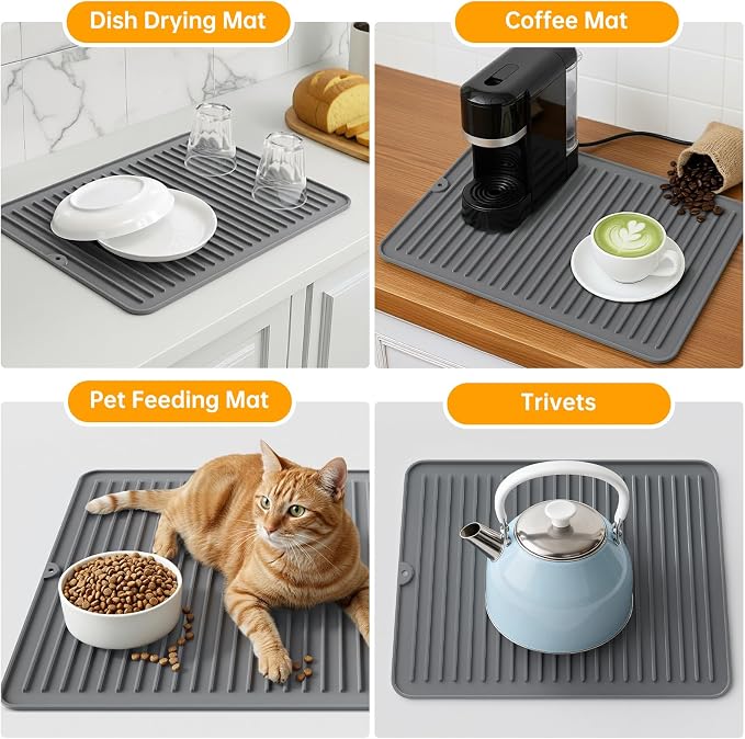 Songrey Silicone Dish Drying Mat for Kitchen Counter, 24" x 18", White | Drying Pad for Sink Dishes or Under Rack, Multi-Use as Heat Resistant Trivet, Coffee Bar Mat