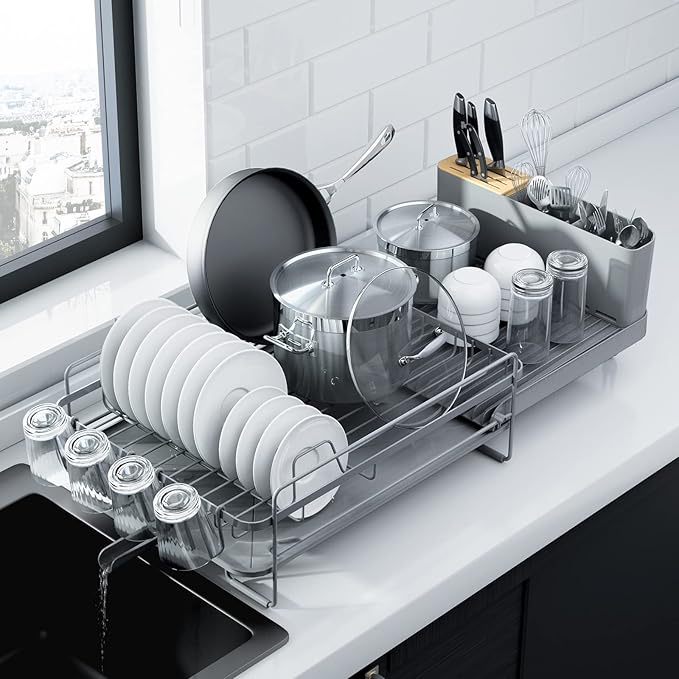 Kitsure Extendable Dish Drying Rack, 19.2"-26.7" L x 12.9" W, Grey | Large Dish Rack, Multifunctional Dish Rack for Kitchen Counter, Anti-Rust Dish Drainers with Cutlery & Cup Holders