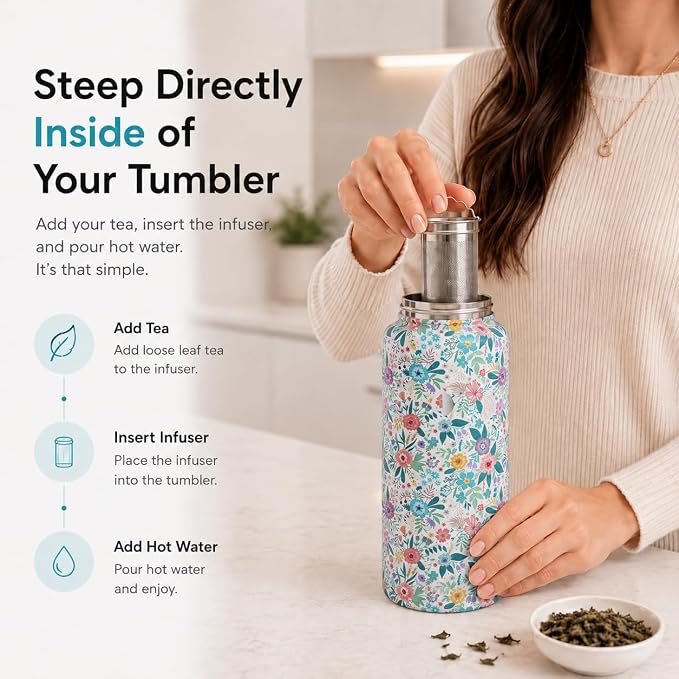 32 oz Ceramic Lined Tea Infuser Travel Tumbler, Micro-Mesh Stainless Steel Infuser, Pure Taste Ceramic Interior, Triple Insulated 12hr Hot Cold, Dual Sip & Straw Lid, Scratch-Resistant