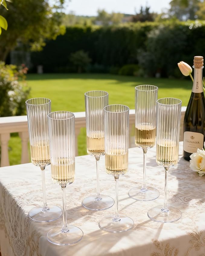 Ciaell 24 Pack Plastic Champagne Flutes for Weddings Birthdays | 6 oz Clear Long Stem Vintage Ribbed Mimosa Glasses, Heavy Duty Plastic, Champagne Mimosas Wine for Parties Bars Brunch