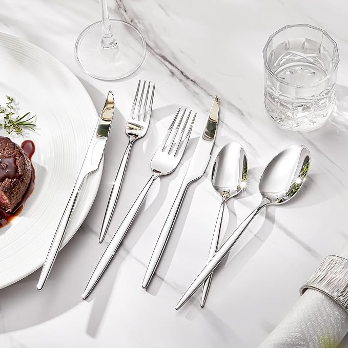48 Piece Silverware Set for 8 with Steak Knives, 18/10 Stainless Steel | KINGSTONE Flatware set, Mirror Polished Fork Knives Spoon Utensils,Cutlery set for Home Restaurant Wedding, Dishwasher Safe