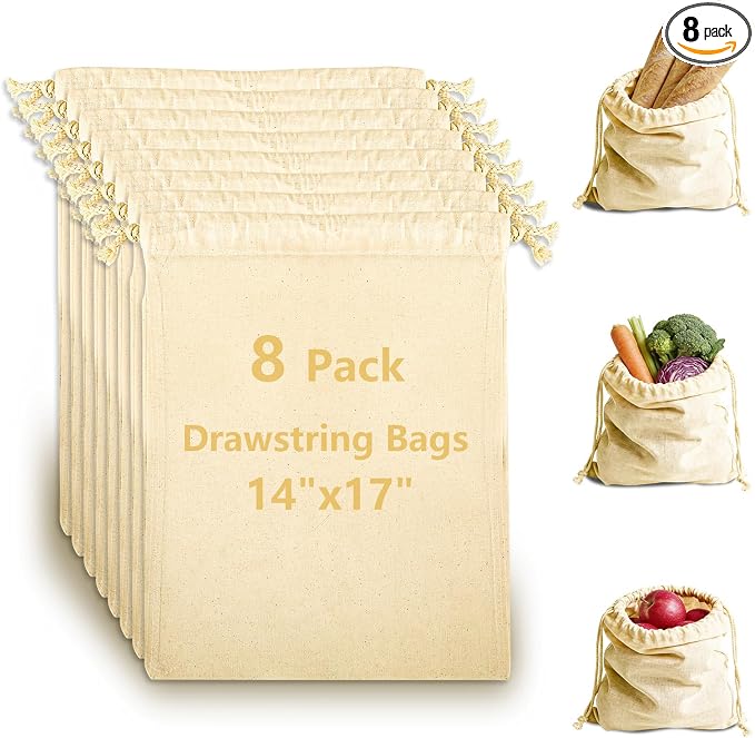 OKBA 8 Pack Cotton Muslin Drawstring Bags 14x17 Inch, Reusable Cloth Bags for DIY Tie-Dye Projects, Grocery & Produce, Shoes, Potatoes and Onions, Eco-Friendly & Washable
