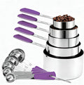 Bopei Measuring Cups and Spoons Set Stainless Steel 10 Piece for Cooking and Baking (5 Cups + 5 Spoons, Purple Handle)