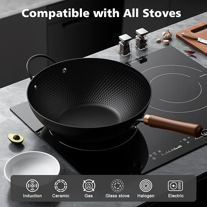 Todlabe Wok with Lid, 13 Inch Carbon Steel Woks & Stir-fry Pans Nonstick | Pre-Seasoned 5.6QT Flat Bottom Chinese Wok Pan with Lid, PFOA/PTFE free Cookware Compatible with All Cooktops