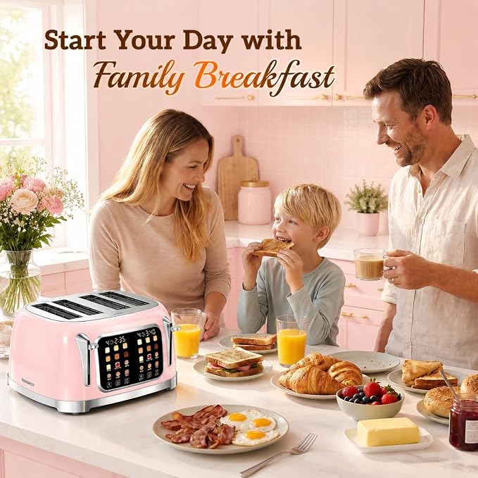 RONGBEST Retro Toaster 4 Slice with Stainless Steel Wide Slot Touchscreen for Family Breakfast, Reheat & Defrost, 6 Browning Levels for Bagel & Bread, Removable Crumb Tray, Blush Pink