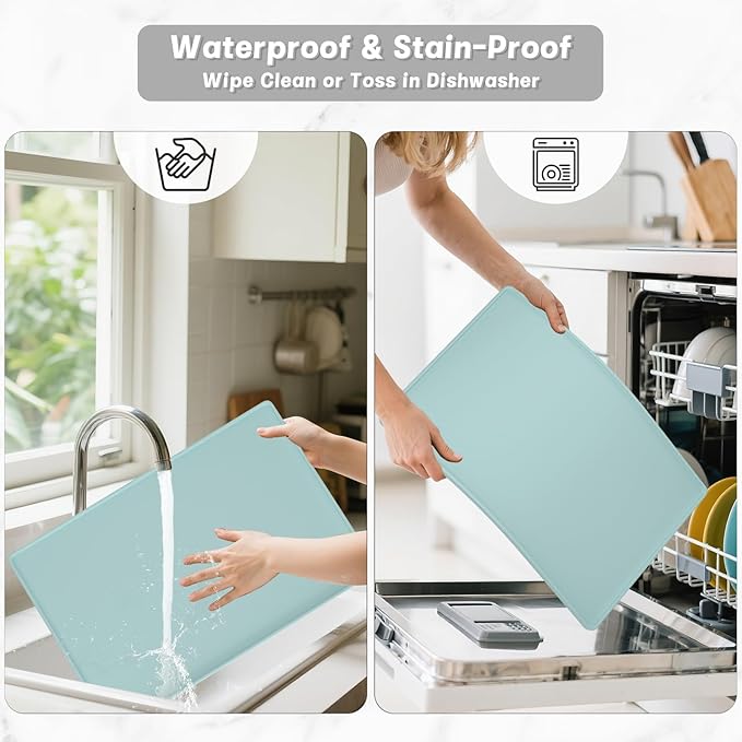 Rnivvi Silicone Coffee Mat, 16" x 24" Waterproof Raised Edge Coffee Bar Mats for Espresso Machine Station Accessories, Heat Resistant Dish Drying Pad for Kitchen Counter, Bar Decor Pad, Shadow Green