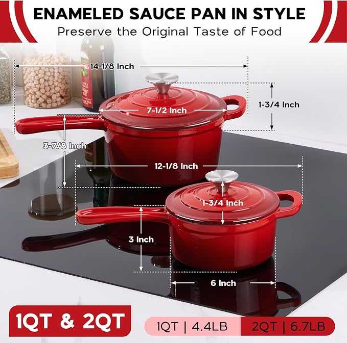 Onader Enameled Cast Iron Sauce Pan, 1QT & 2QT Small Saucepan Set with Lid, Cast Iron Sauce Cooking Pot, Enamel Dutch Oven, Nonstick & Induction Compatible – Red
