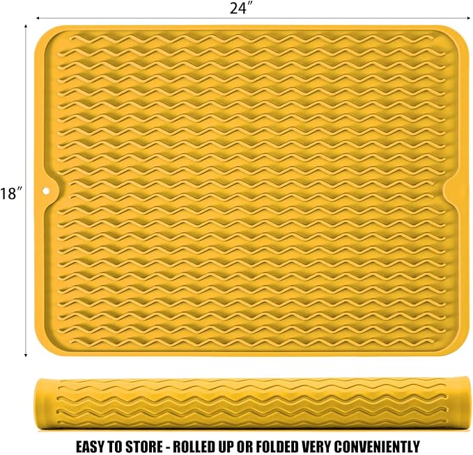 Silicone Dish Drying Mat, Non-Slip Easy Clean Sink Mat, Yellow, 24" x 18" | Quick-Dry Ridges, Large Heat-resistant Dish Drainer Mat for Kitchen Counter, Hangable & Roll-Up for Storage, Dishwasher Safe
