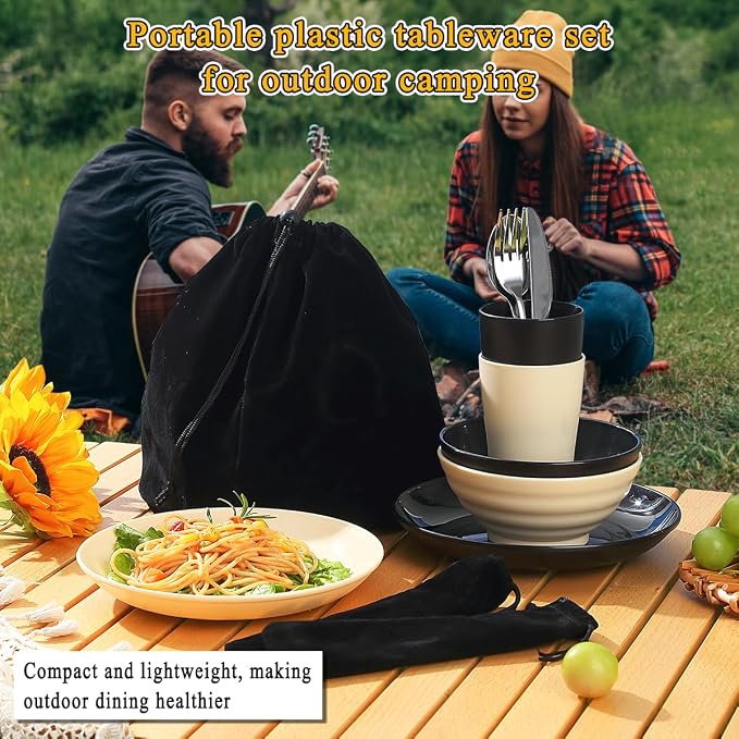 Kyraton Camping Utensils - Travel & Picnic Mess Kit, Silverware Set Includes Knife, Spoon, Fork, Cup, Bowl, Plate - Camping Essentials for 2