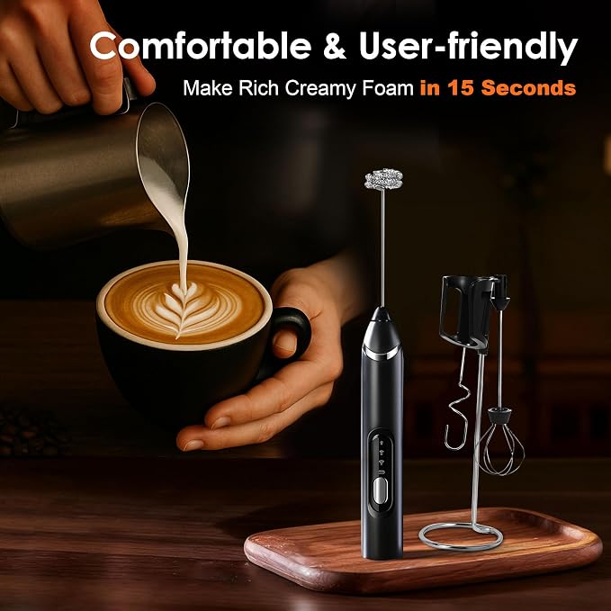 Rechargeable Milk Frother with Stand,Coffee Frother,Drink Mixer（Black) | Rechargeable Mixer Wand, Electric Whisk for Protein Powder, Lattes, Cappuccino,Matcha, 3 Variable Speeds 3 Whisks