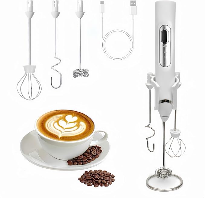 Rechargeable Milk Frother with Stand,Coffee Frother,Drink Mixer（White） | Rechargeable Mixer Wand, Electric Whisk for Protein Powder, Lattes, Cappuccino,Matcha, 3 Variable Speeds 3 Whisks