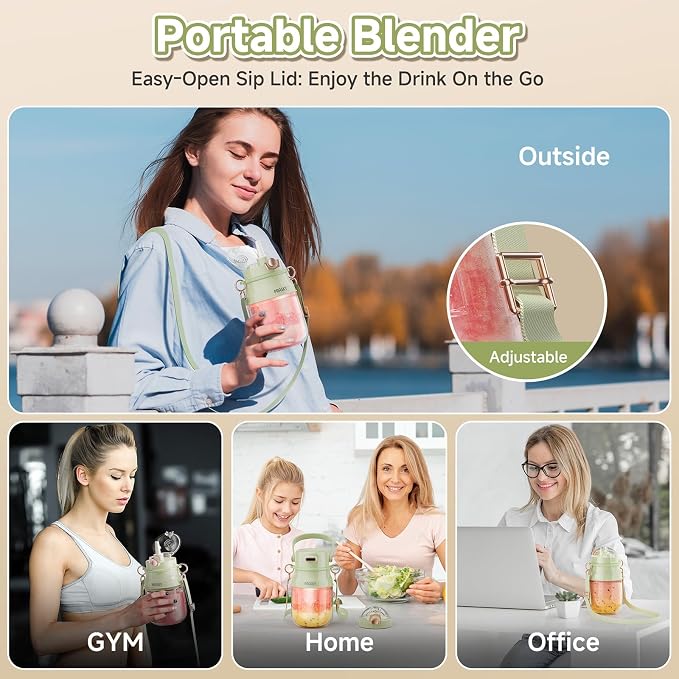 Portable Blender, Prasky Personal Blenders for Shakes and Smoothies with 27oz Cup, Lid and Shoulder Strap, Type-C USB Rechargeable, Personal Size Blenders BPA-free for Travel/Kitchen (Light Green）