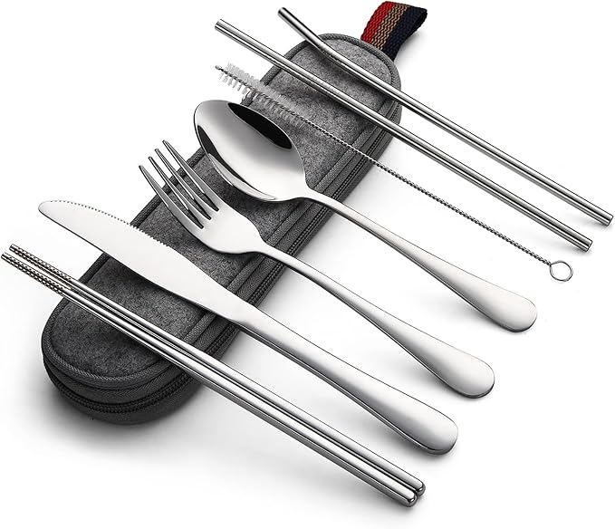 DEVICO Camping Utensils, Full-Size Travel Silverware Set with Case for Work | 8Pcs Stainless Steel Travel Cutlery Set, Portable Metal Straws Chopsticks Fork Spoon Knife Set for Lunch Box/School, Silver